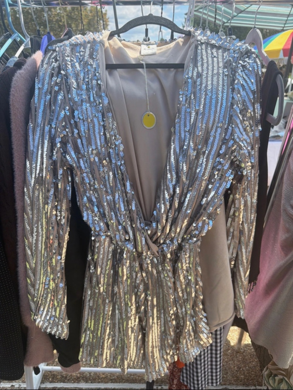 Silver Sequin Long-Sleeve V-Neck Romper